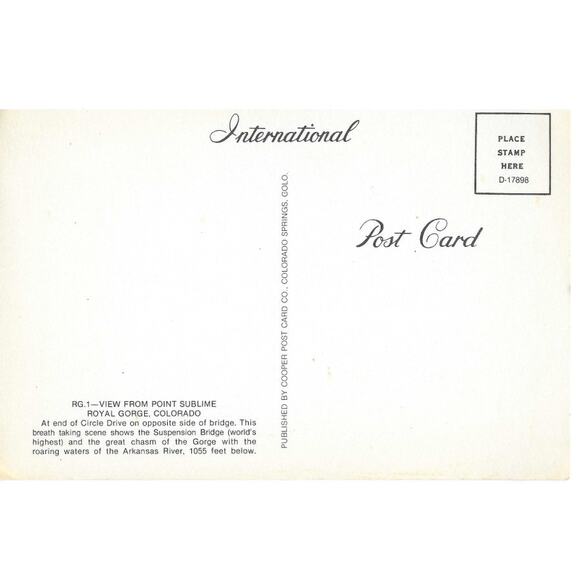 View From Point Sublime Royal Gorge Colorado Postcard Unposted - Picture 2 of 2